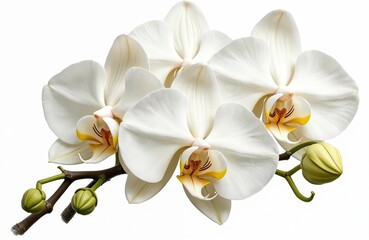 Elegant white orchid flowers bloom on branch. Close-up view of delicate petals, buds. Isolated plant on white background. Beautiful botanical illustration. Perfect for nature floral design projects.