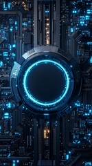 Fototapeta premium Sci-Fi Motherboard with Floating Glossy AI Chip, Electric Blue Circuits, and High-Tech Components. Copy space. Generative AI
