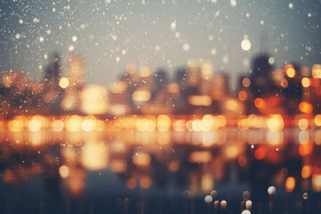 Dreamy cityscape glowing with golden lights, blurred bokeh effect, and delicate snowflakes falling gently in the foreground. Winter holiday theme, Christmas greetings, festive digital designs.