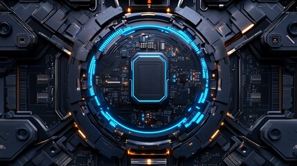 Fototapeta premium Sci-Fi Motherboard with Floating Glossy AI Chip, Electric Blue Circuits, and High-Tech Components. Copy space. Generative AI