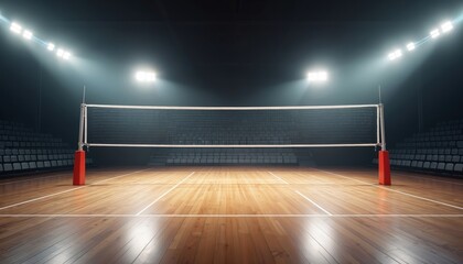Empty volleyball court under bright spotlights. Pro arena. Clean, shiny wooden floor. Dark background with spectators seats in background. Indoor arena. Suitable for sport events. Evening atmosphere.