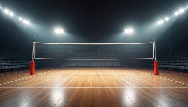 Empty volleyball court under bright spotlights. Pro arena. Clean, shiny wooden floor. Dark background with spectators seats in background. Indoor arena. Suitable for sport events. Evening atmosphere.