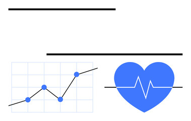 Heart with pulse line and ascending graph show health monitoring, data trends, or performance growth. Ideal for healthcare, fitness, statistics, wellness, diagnostics, growth abstract line flat