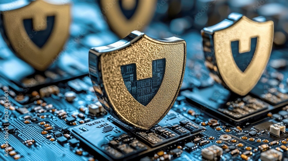 Poster digital security: gold shields protecting circuits on a tech motherboard. cybersecurity, data privac