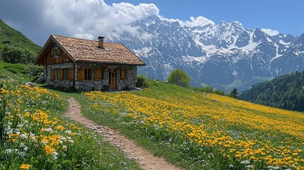 Scenic mountain landscape with a quaint cottage amidst vibrant wildflowers.