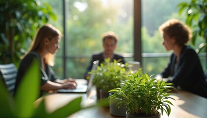 Eco-friendly business meeting in bright office. People working on table surrounded by plants. Discuss ways to decrease carbon emissions. Sunlight streams into office. Focus on reducing eco footprint.