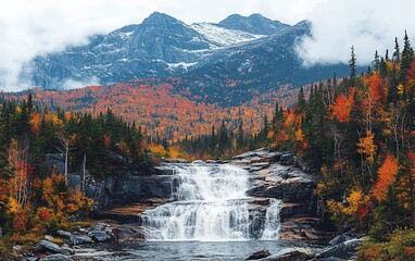 Autumn Waterfall, Mountains, Forest, Fall Foliage, Nature