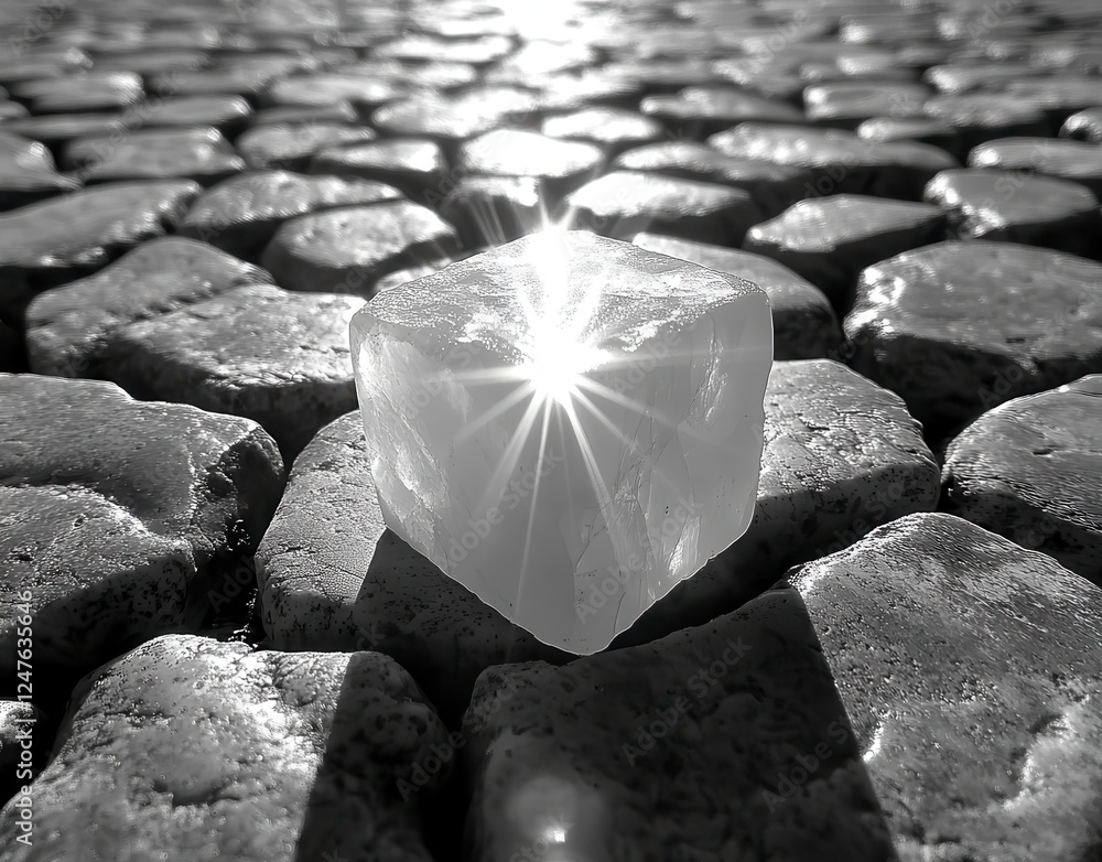Poster monochromatic image of a clear cube resting on a cobblestone surface, sun rays shining through the c