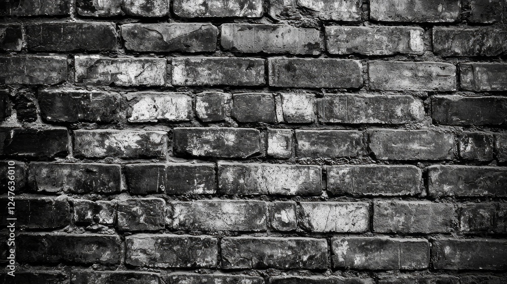Poster a close-up view of a weathered brick wall in shades of black and white showcases the rich textures a