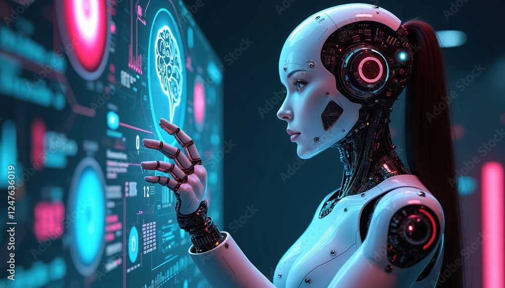 Poster futuristic robot interacts with digital interface. ai-driven system for market research illustrated.