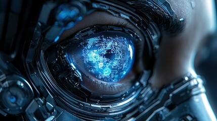 Cyborg eye close-up; digital data; futuristic tech; concept art