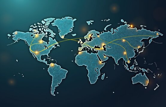 Global email marketing campaign visualized on world map. International connections via glowing lines show broad reach. Global business strategy illustrated using graphic design. Online communication,