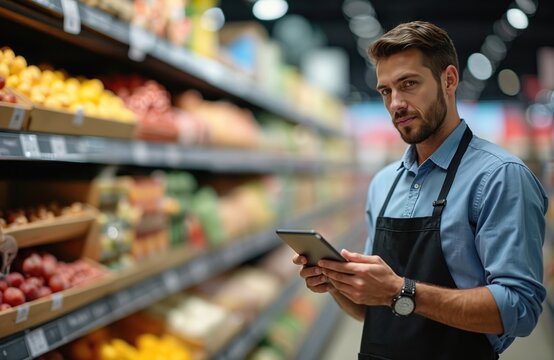 Handsome supermarket employee in apron stands in a grocery store. He uses a digital tablet and looks at the camera. He is confident and smiling. Indoor shot.