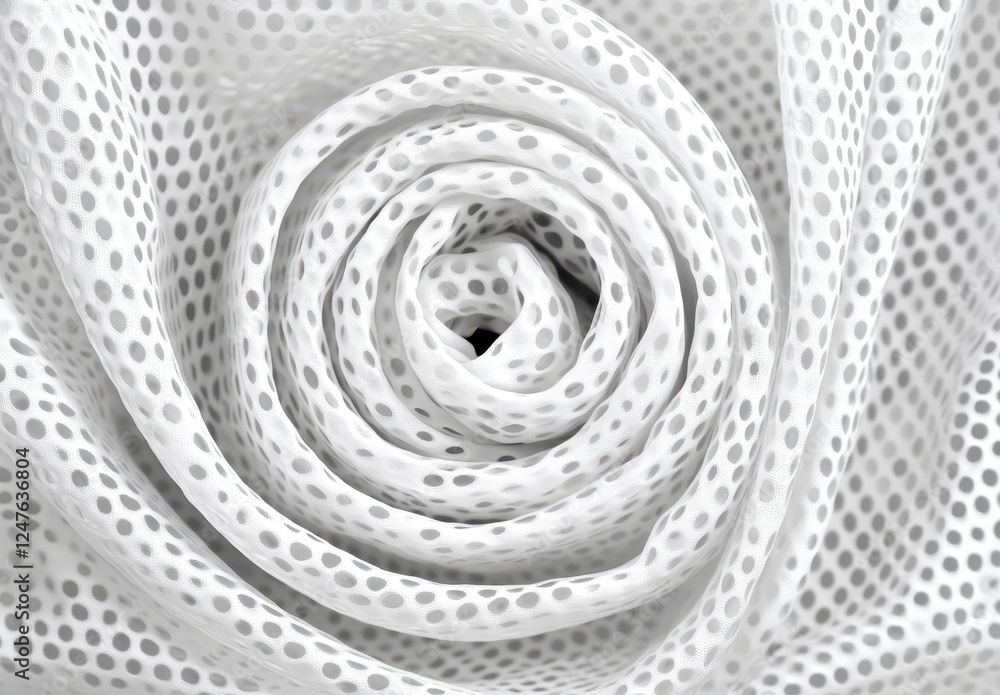 Poster closeup view of white fabric with circular folds and small dots, creating a textured design