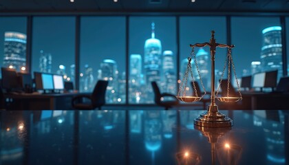 Modern law office at night. Lawyers use advanced tech. Legal tech and case management software. City view outside. Balance scale on desk. Illustrates justice and tech in modern legal practice.