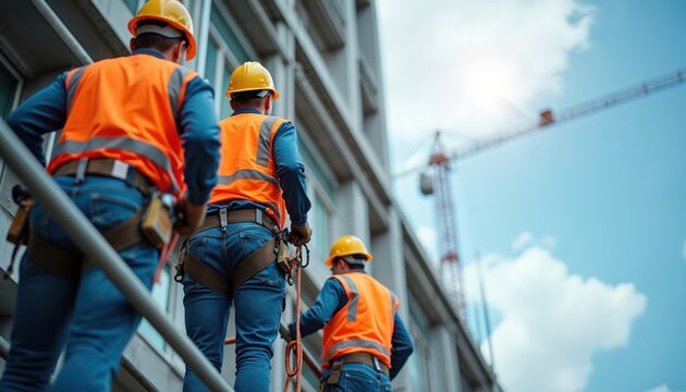 Construction workers in safety gear work high up on building. Wear protective vests, safety helmets. Fall arrestors, harnesses in use. Crane visible. Scene shows construction site with modern
