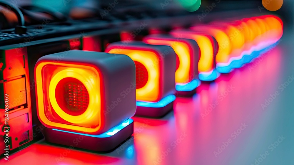Poster futuristic technology: close-up of illuminated electronic devices in a modern setting