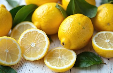 Fresh ripe lemons with green leaves sit on white wooden table. Slices of lemon show bright yellow citrus flesh. Healthy, delicious citrus fruit. Perfect for juice refreshing drink. Freshness, natural