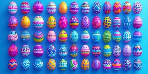 Colorful eggs arranged in a grid pattern on a light blue background, each egg decorated with various colorful designs, creating a vibrant and festive