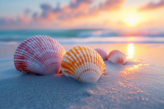 Colorful shells on sand beach