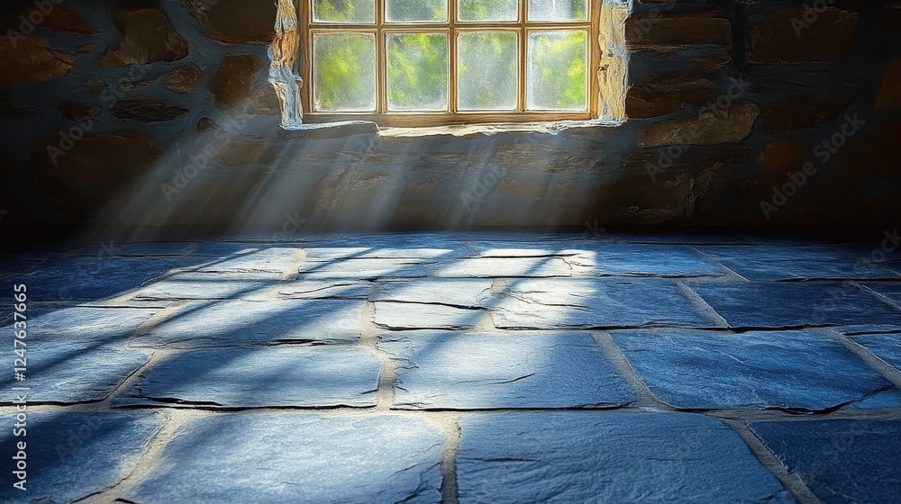 Poster minimalistic empty room with dark blue tiles and sunlight streaming through window creates serene at
