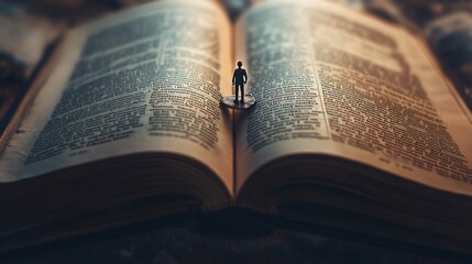 Fototapeta premium A Tiny Traveler on an open book, Exploring knowledge and literature