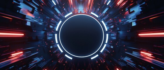 Ultra-Modern Circuit Board with Holographic Neon Trails, Matte Black Round Chip, and Futuristic Micro-Processors. Copy space. Generative AI