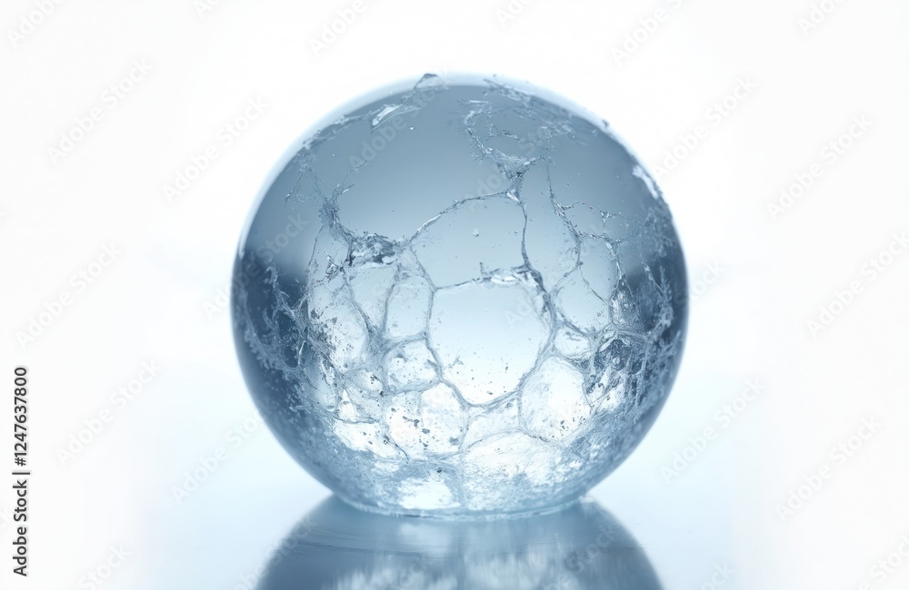 Poster frozen water sphere shows intricate ice patterns. crystal structure visible. smooth surface. abstrac