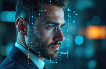 Man in dark suit profile view. Facial tech overlay. Digital data analysis concept. Futuristic tech image. Person with security data overlay on face. Person is serious and concentrated.