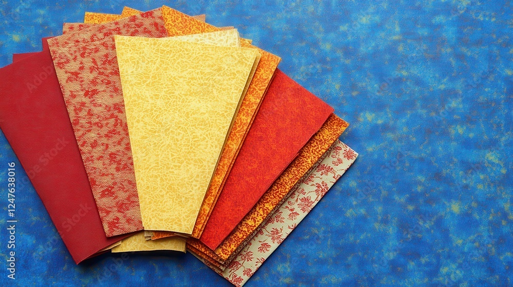 Poster multicolored samples of textured materials arranged in a fan shape against a deep blue background