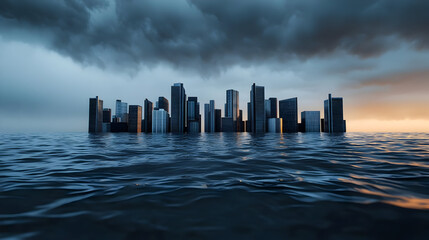 Melting iceberg floating. Futuristic city skyline emerging from water under dramatic clouds