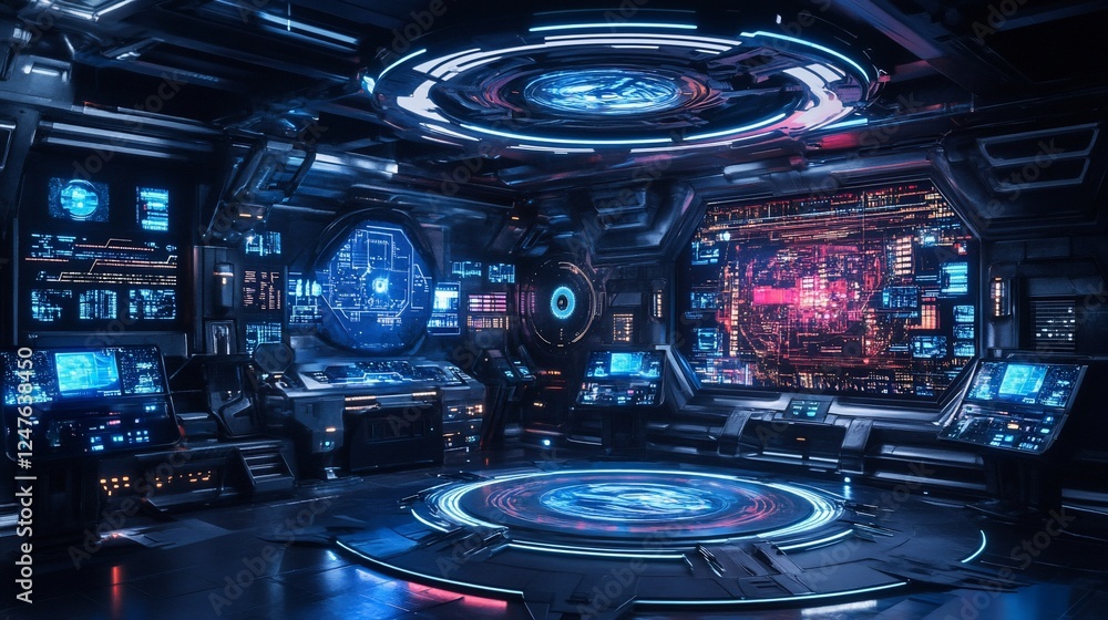 Poster futuristic spacecraft bridge with glowing screens and advanced technology interfaces
