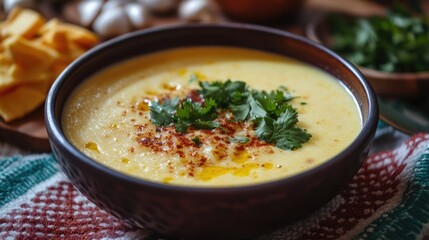 Creamy Corn Soup in a Bowl with Cilantro and Paprika Garnish
