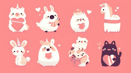 Valentine's day cute animals set with llama, sloth, unicorn, cats, dinosaur, bunny, tiger and turtle  