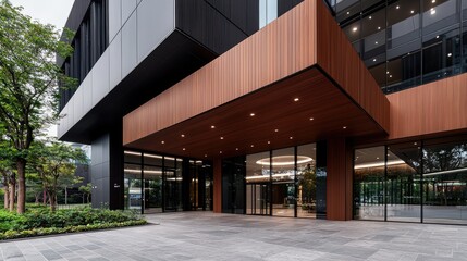Obraz premium Modern office building entrance, city landscape, lobby view