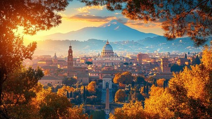 Obraz na płótnie Canvas Scenic view of Rome at sunset, showcasing the city and mountains.