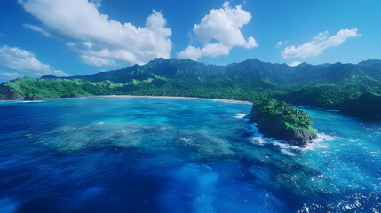 Fototapeta premium Melting iceberg floating. Aerial view of stunning tropical coastline with clear blue waters