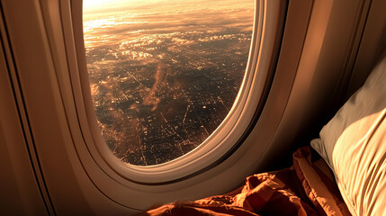 Naklejka premium Golden sunset view from airplane window with cozy blanket and city lights below