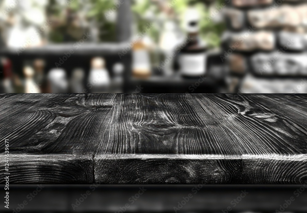 Poster close up view of dark wooden surface with blurred background of a bar area. natural wood grain and t