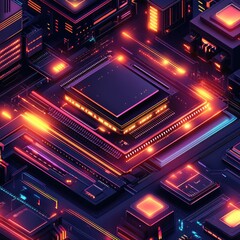 Obraz premium Futuristic isometric CPU with glowing circuits and vibrant colors.