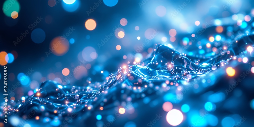 Poster abstract futuristic background of glowing blue waves with colorful bokeh lights and soft focus effec