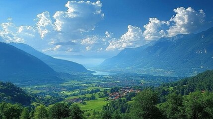 Obraz premium Scenic view of mountains and a river with lush greenery and clouds.