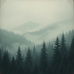 Fototapeta premium Paisaje brumoso con bosque de abetos en estilo retro vintage. IA generativa