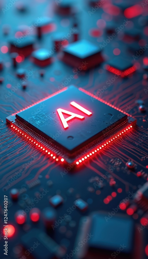 Poster ai chip glows on circuit board. advanced tech concept. digital tech components. modern tech design. 