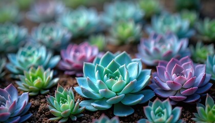 Close-up view of various succulents in vibrant colors. Succulents with pastel, vivid colors displayed on dark brown soil background. Image offers detailed look at plants foliage, leaf texture. Plants