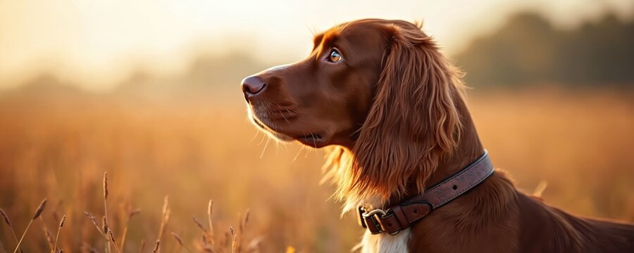 Close-up shot of hunting dog. Purebred spaniel stands in field. Autumn colors surround. Dog looks alert. Wears brown leather collar. Photo shows healthy animal in nature. Ideal for pet lovers hunting