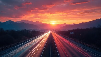 Obraz premium Highway stretching into sunset over mountains. Traffic lights streak across asphalt. Sunrise sunset colors paint sky. Vivid landscape with sense of speed, travel. Mountain range lines horizon.