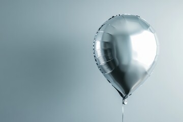 Silver foil balloon floats against a solid colored background