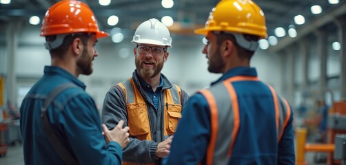 Industrious professionals in safety gear converse in large manufacturing facility. Discussing project strategy. Team collaboration evident in industrial environment. Conversation shows cooperative