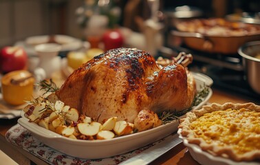 Delicious roasted turkey on a festive table with golden potatoes and pumpkin pie, perfect for holiday celebrations and family gatherings at home.